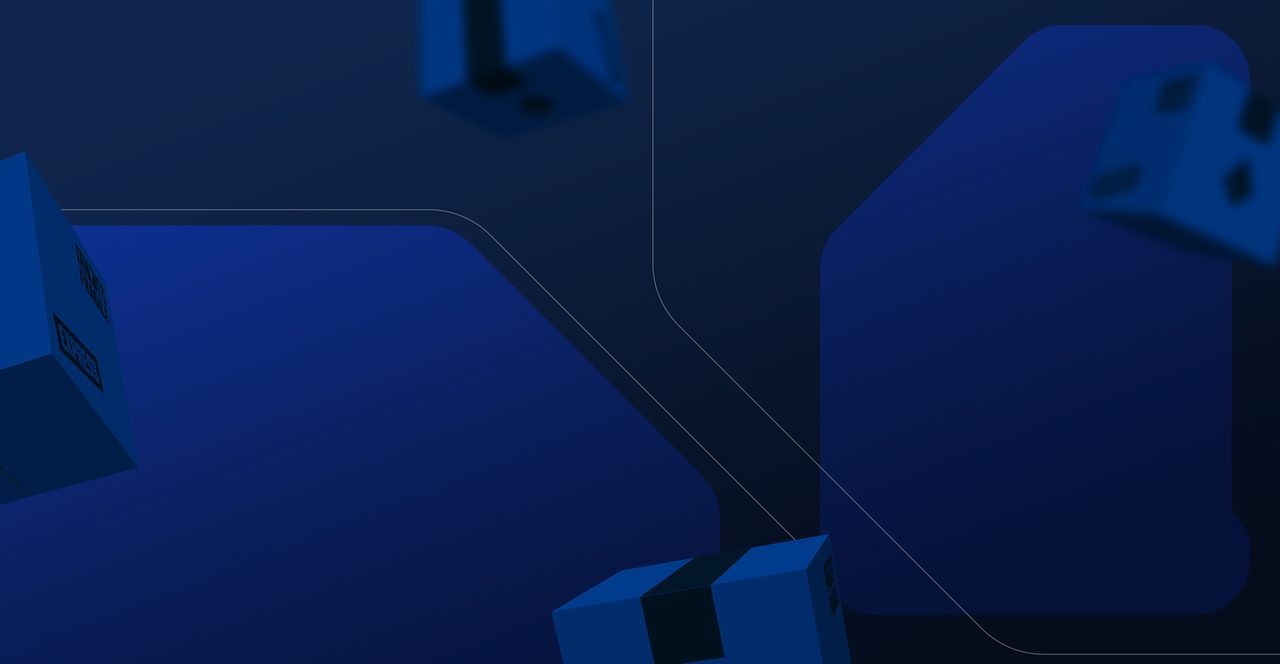 Fondo geométrico azul para soluciones courier Ecuador Diseño geométrico con cajas flotantes representando envíos courier en Ecuador