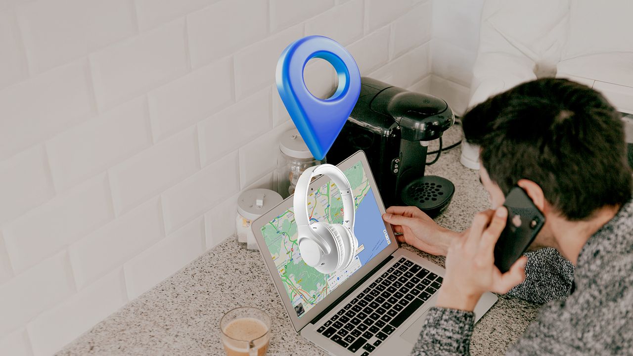 Rastrea la ubicación de tus productos en tiempo real Hombre revisando el rastreo de un paquete en su laptop con marcador de ubicación y audífonos